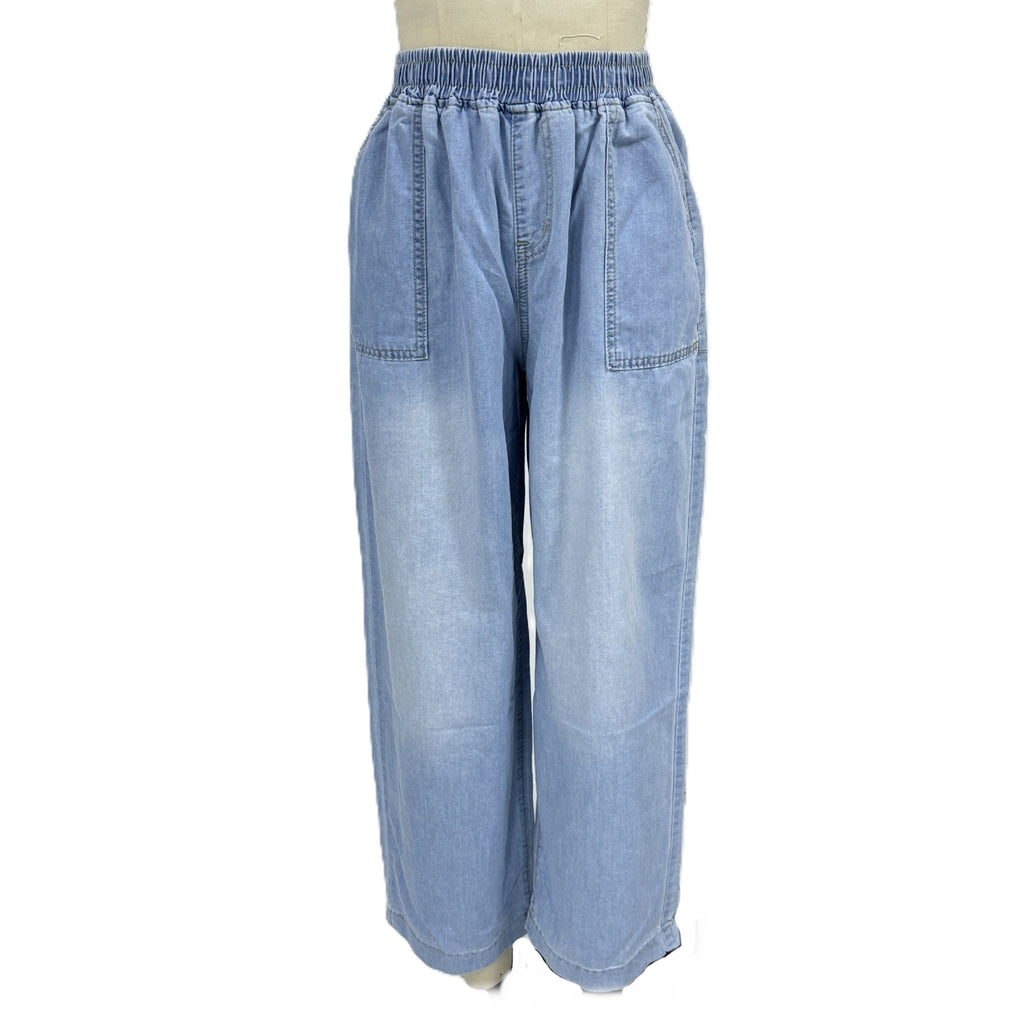 Pull On Elastic Waist Wide Leg Jeans - Blue