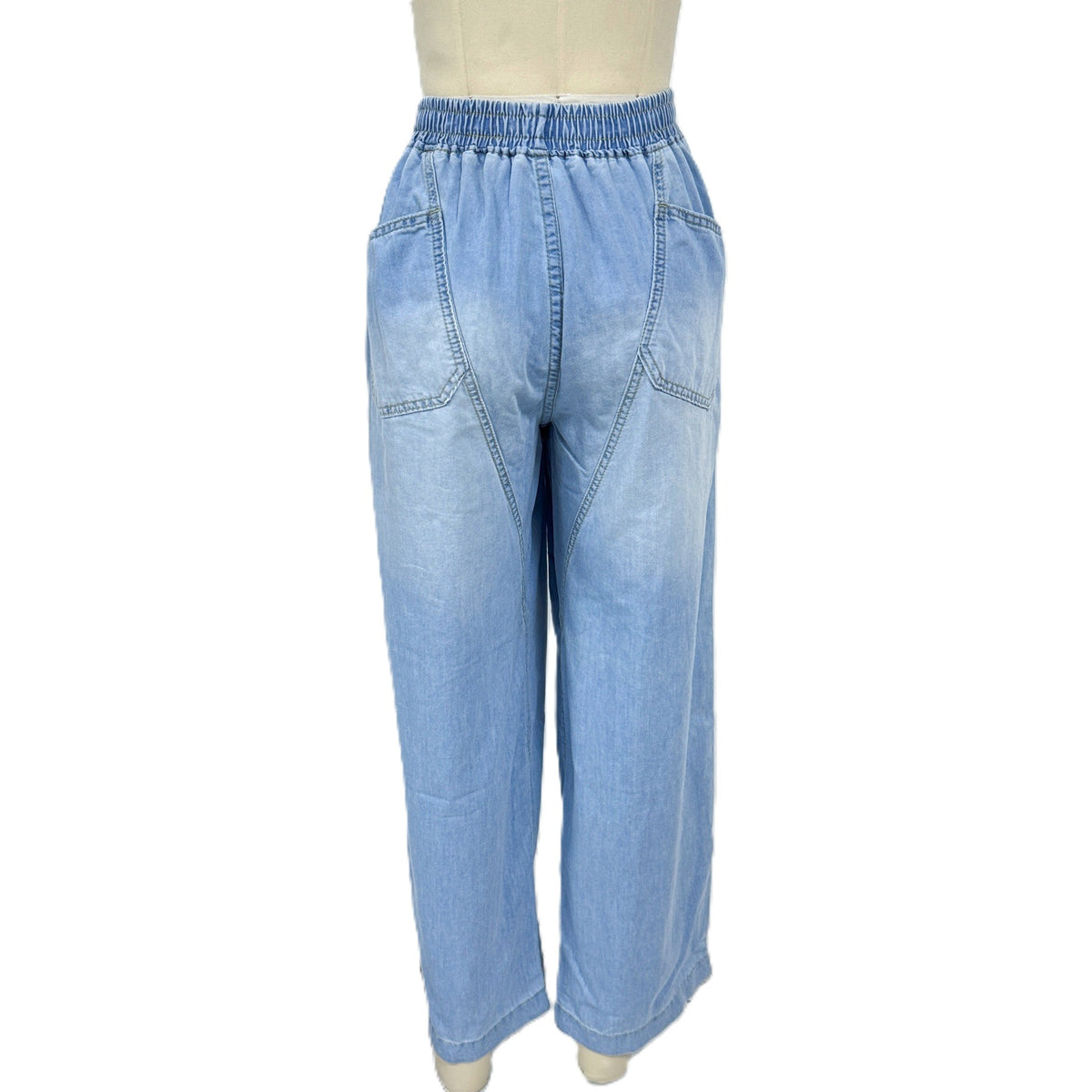 Pull On Elastic Waist Wide Leg Jeans - Blue - 1