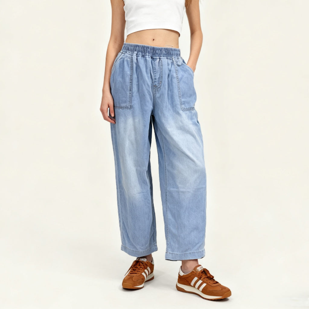 Pull On Elastic Waist Wide Leg Jeans