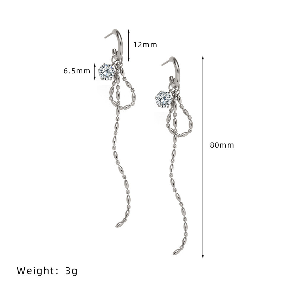 Crystal Bow Chain Tassel Drop Earrings - Silvery
