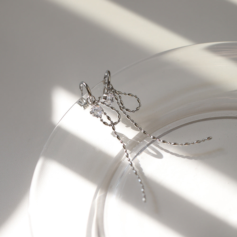 Crystal Bow Chain Tassel Drop Earrings - Silvery - 2