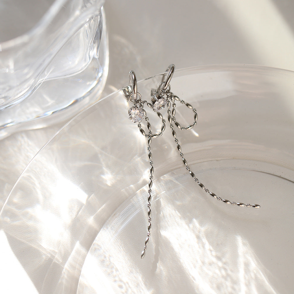 Crystal Bow Chain Tassel Drop Earrings - Silvery - 3