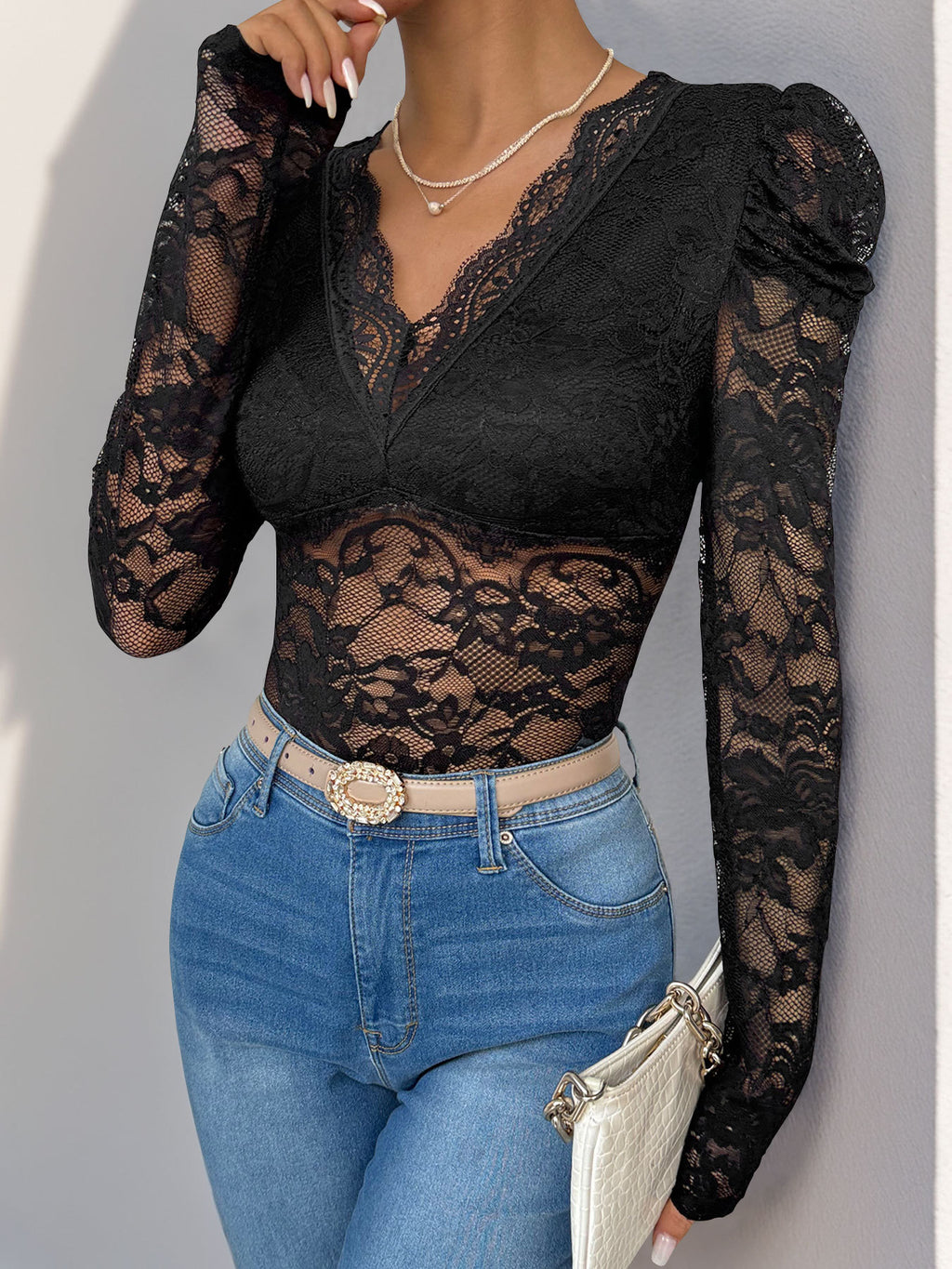 Sheer Lace Deep V Puff Shoulder Bodysuit - Black - 2