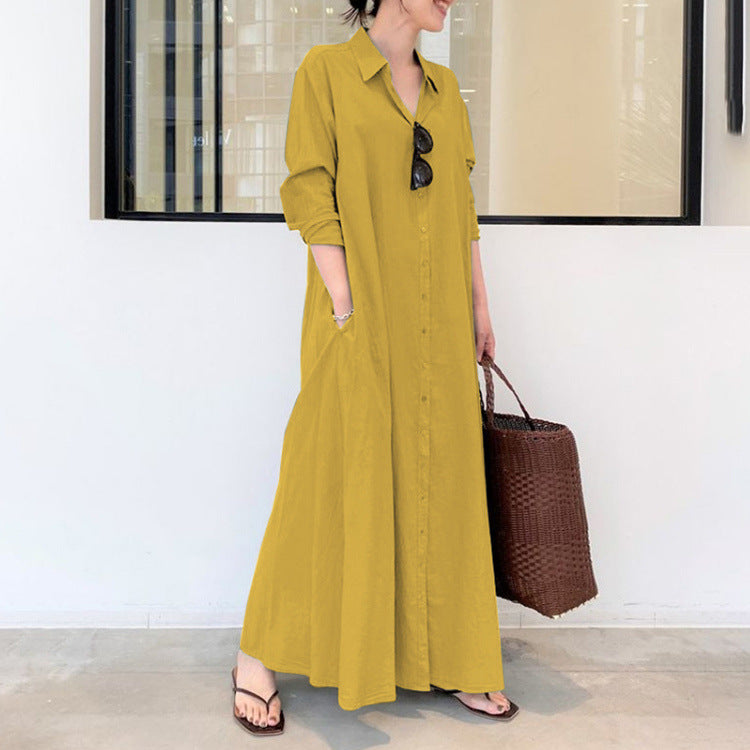Button Down Long Sleeve Maxi Shirt Dress - yellow