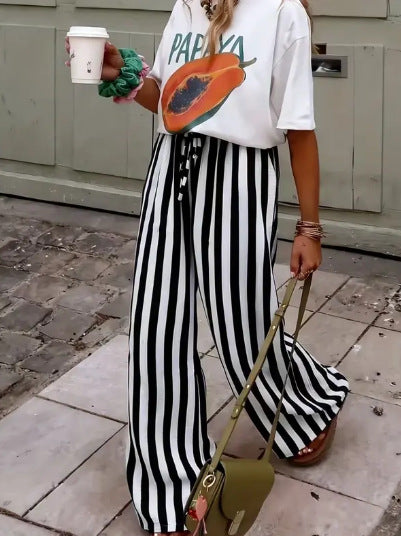 Adjustable Lace-Up Boho Stripe Wide-Leg Pants - Black