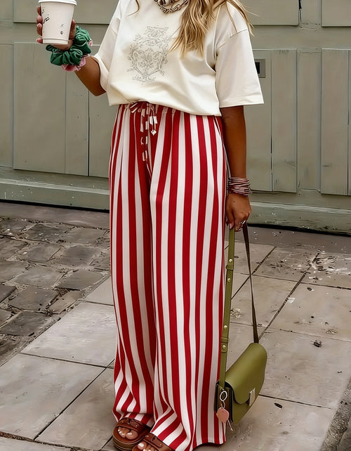 Adjustable Lace-Up Boho Stripe Wide-Leg Pants - BrickRed