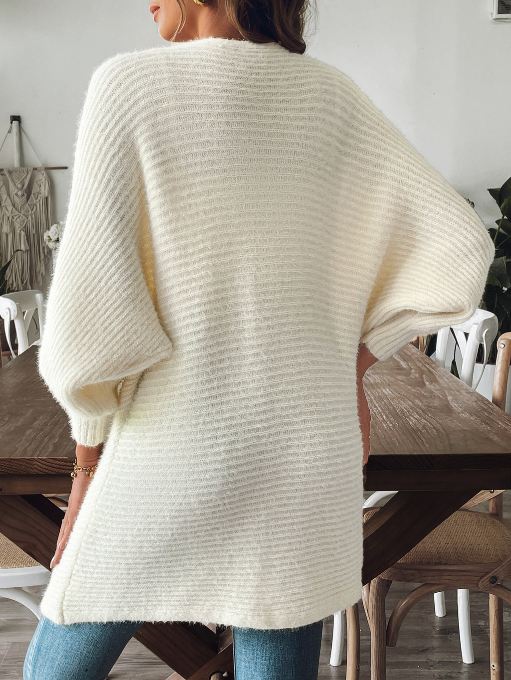 Longline Ribbed Open Front Cardigan - Beige - 6