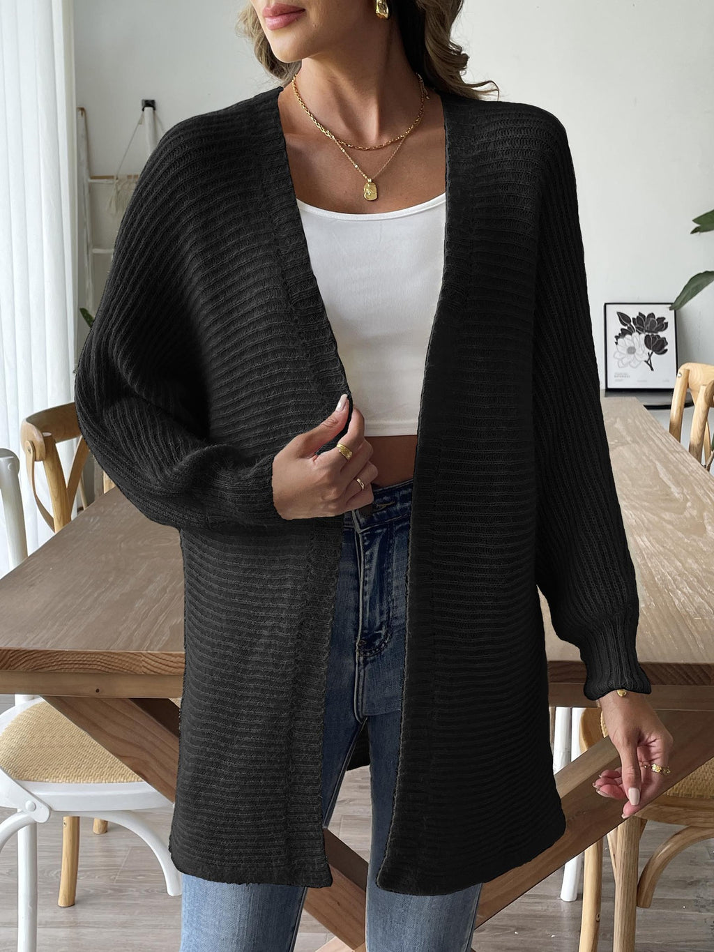 Longline Ribbed Open Front Cardigan - black