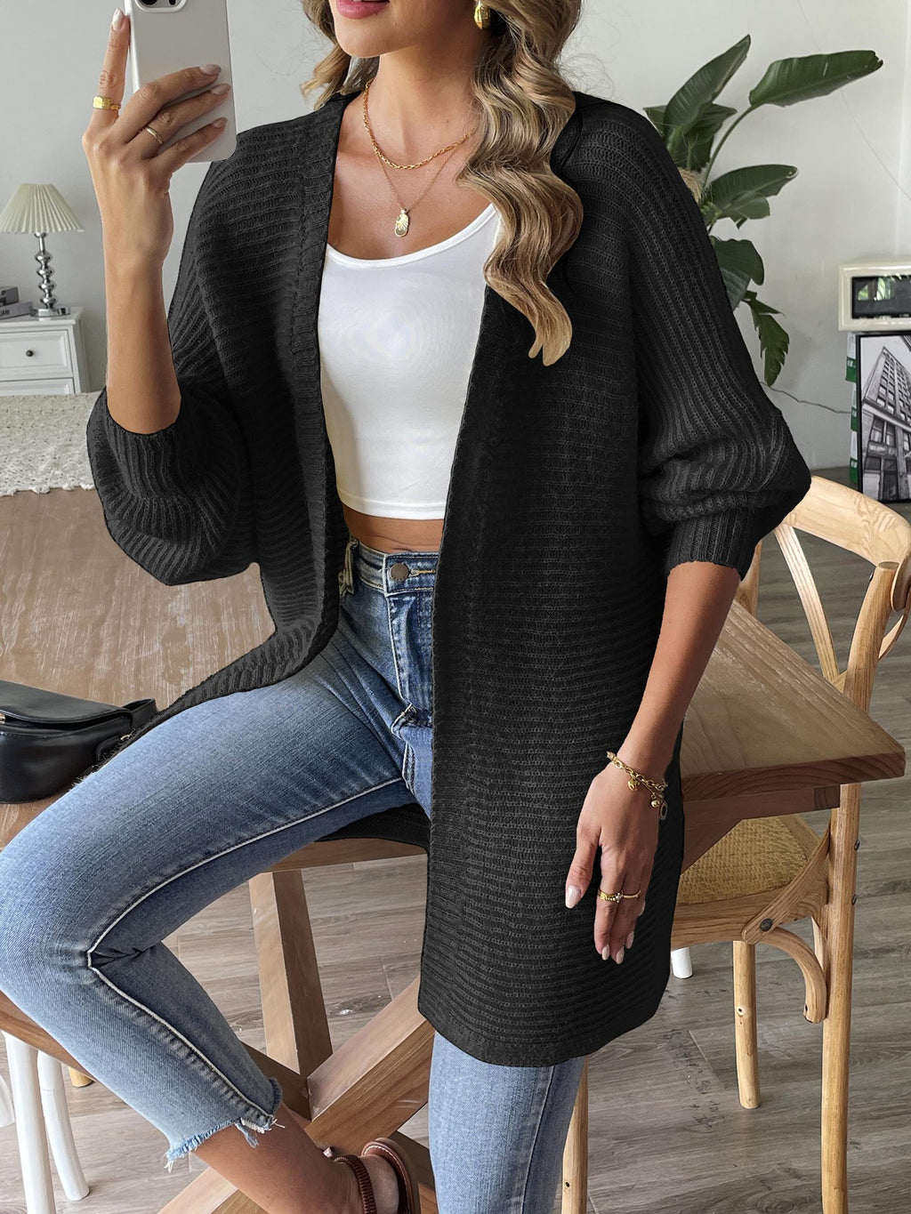 Longline Ribbed Open Front Cardigan - black - 2