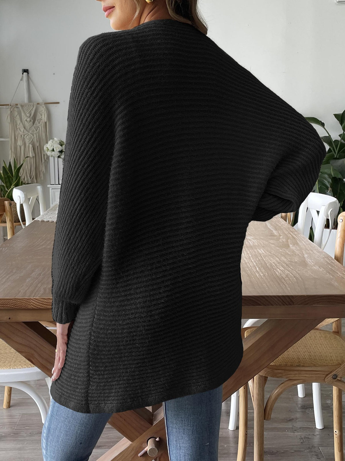 Longline Ribbed Open Front Cardigan - black - 3