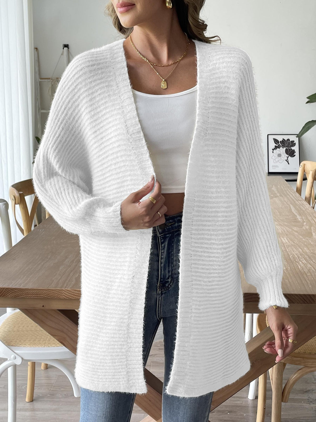Longline Ribbed Open Front Cardigan - white