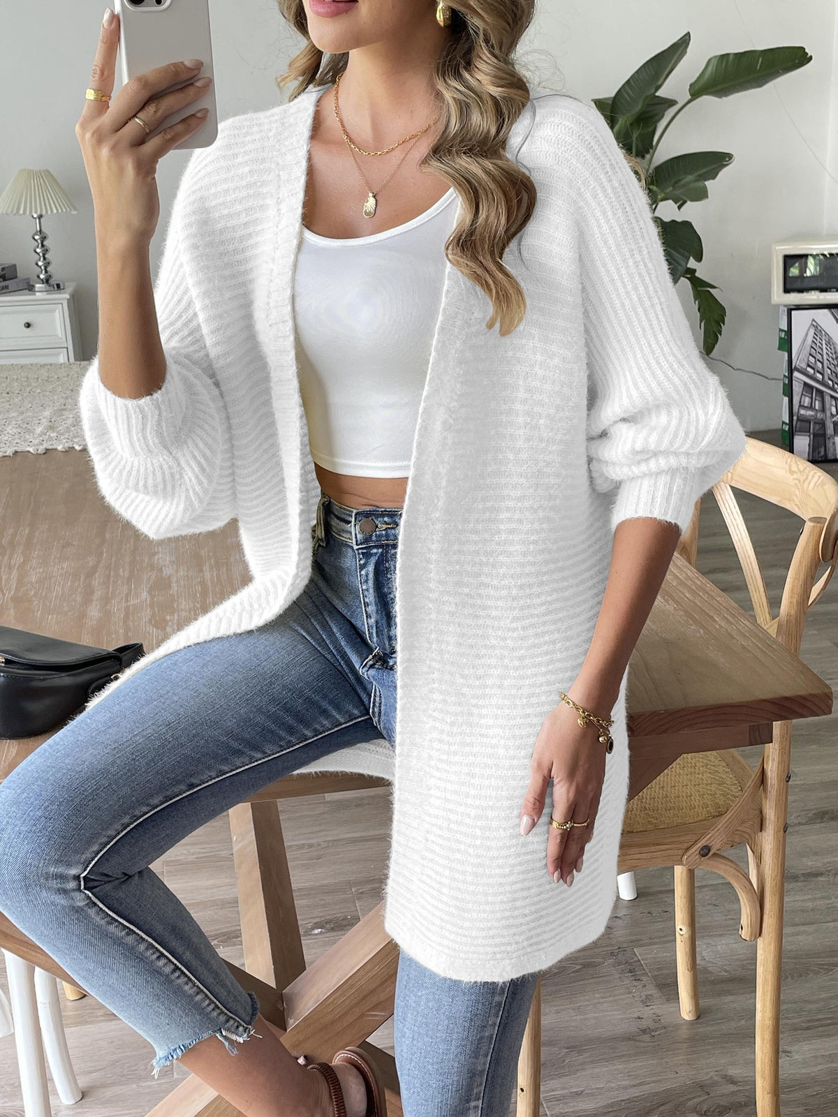 Longline Ribbed Open Front Cardigan - white - 2
