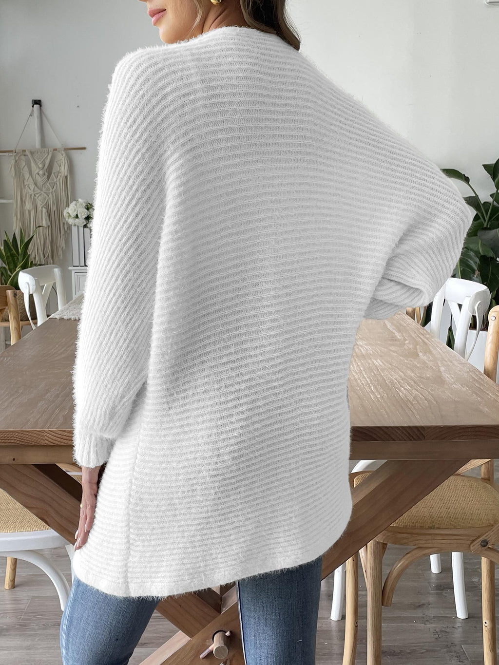 Longline Ribbed Open Front Cardigan - white - 3