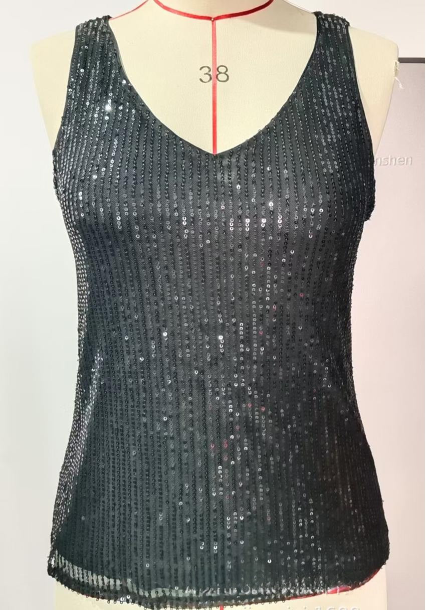 Sequin V Neck Sleeveless Party Top - Black