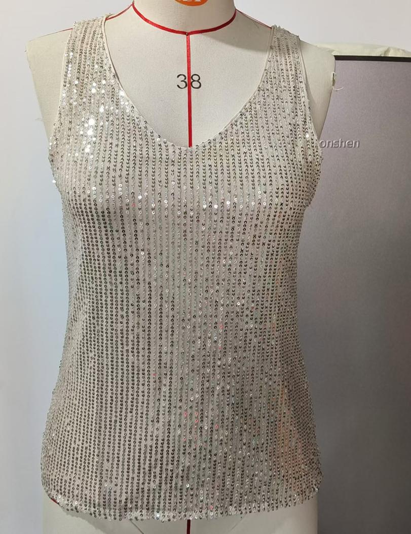 Sequin V Neck Sleeveless Party Top - Champagn