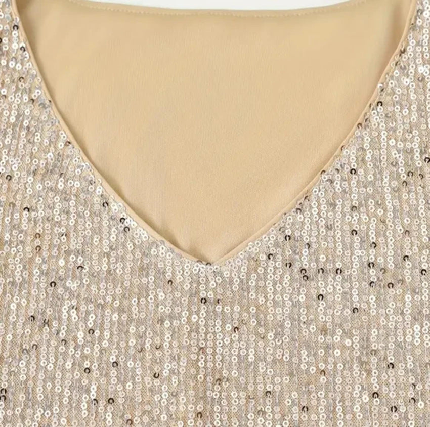 Sequin V Neck Sleeveless Party Top - Champagn - 2