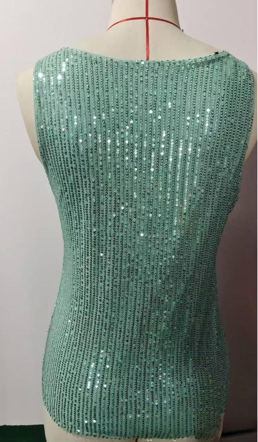 Sequin V Neck Sleeveless Party Top - Green - 1