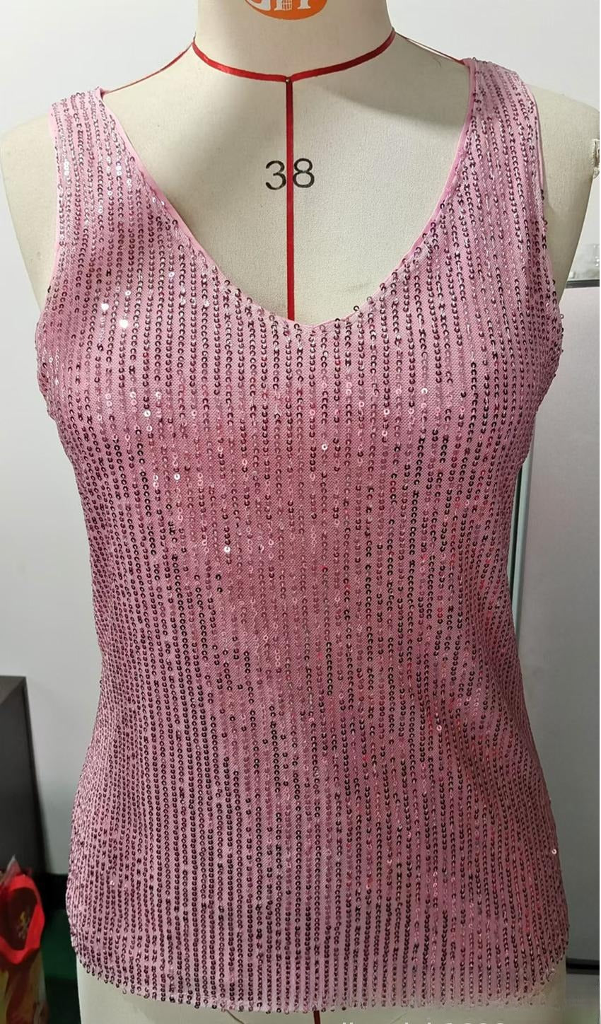 Sequin V Neck Sleeveless Party Top - Pink