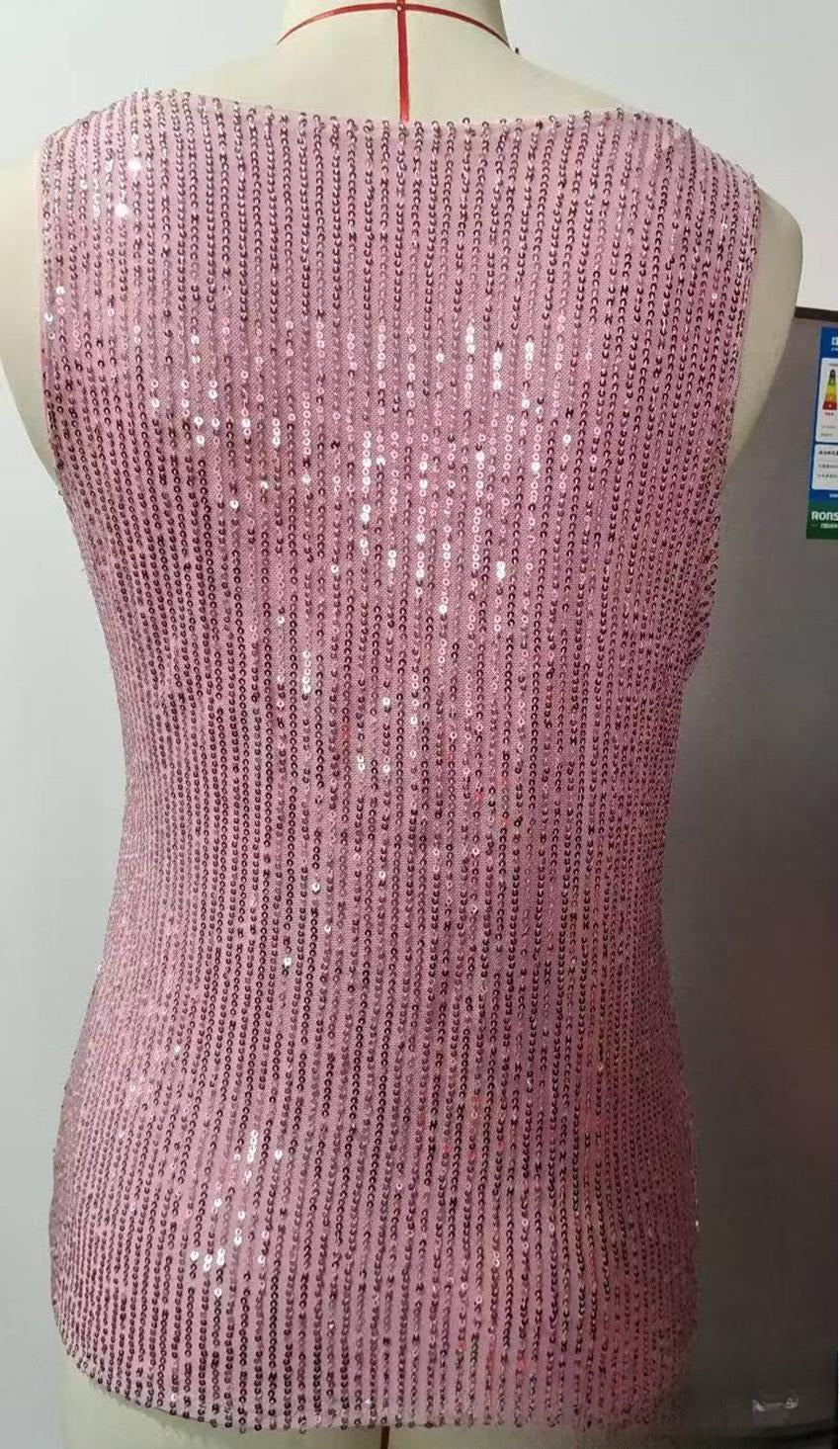 Sequin V Neck Sleeveless Party Top - Pink - 1