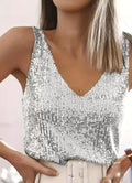 Sequin V Neck Sleeveless Party Top - Silvery