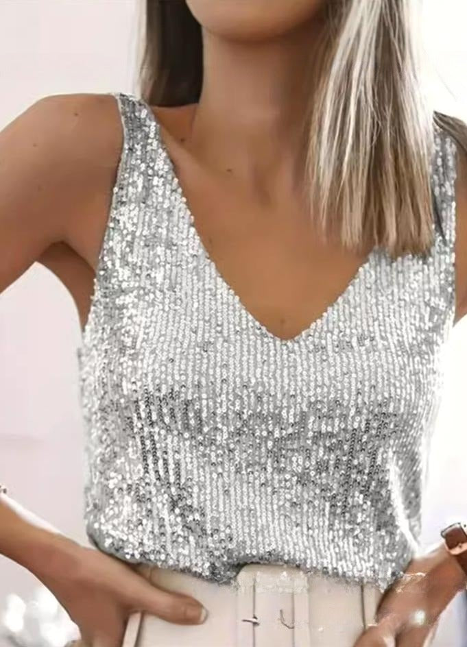 Sequin V Neck Sleeveless Party Top - Silvery