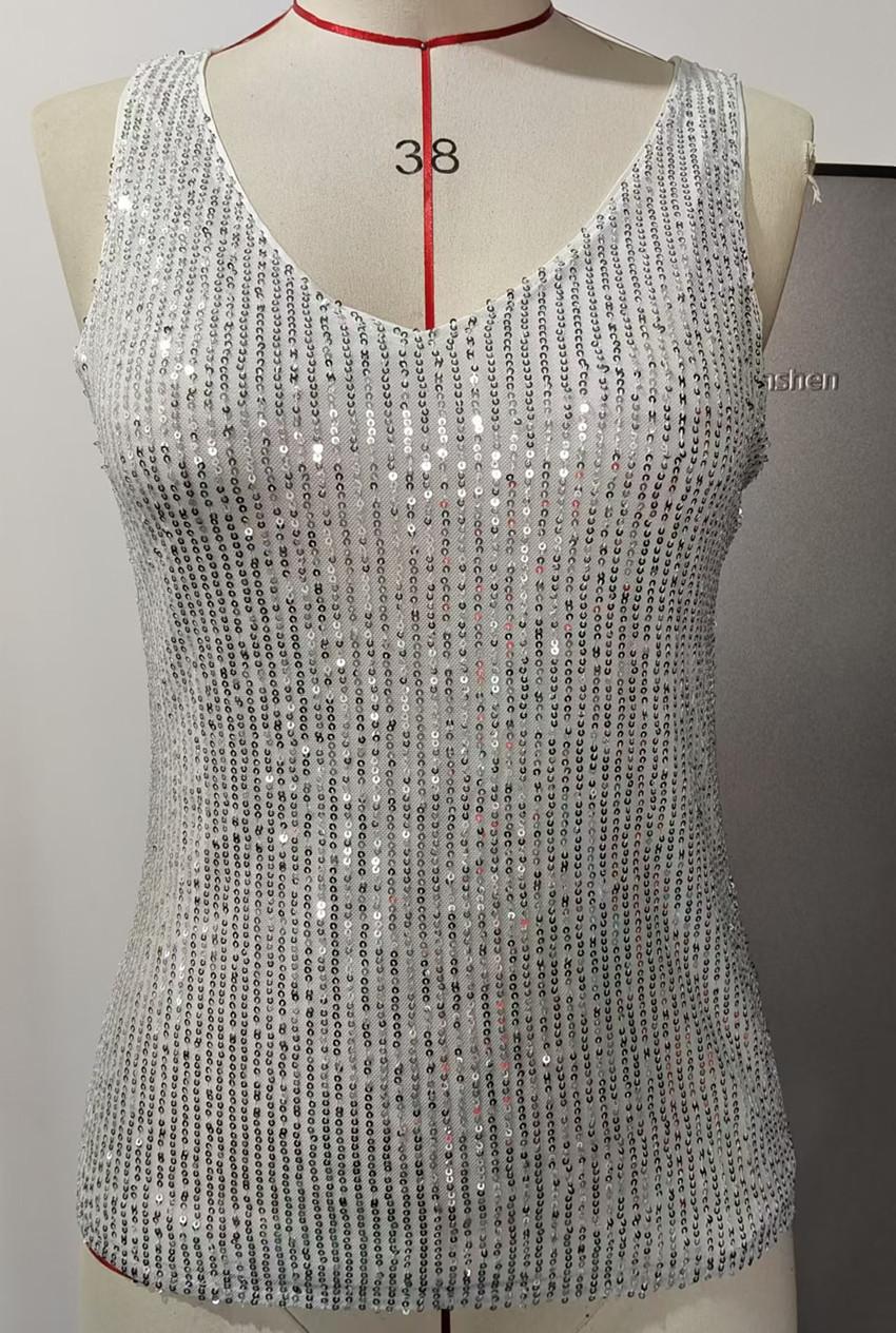 Sequin V Neck Sleeveless Party Top - Silvery - 1