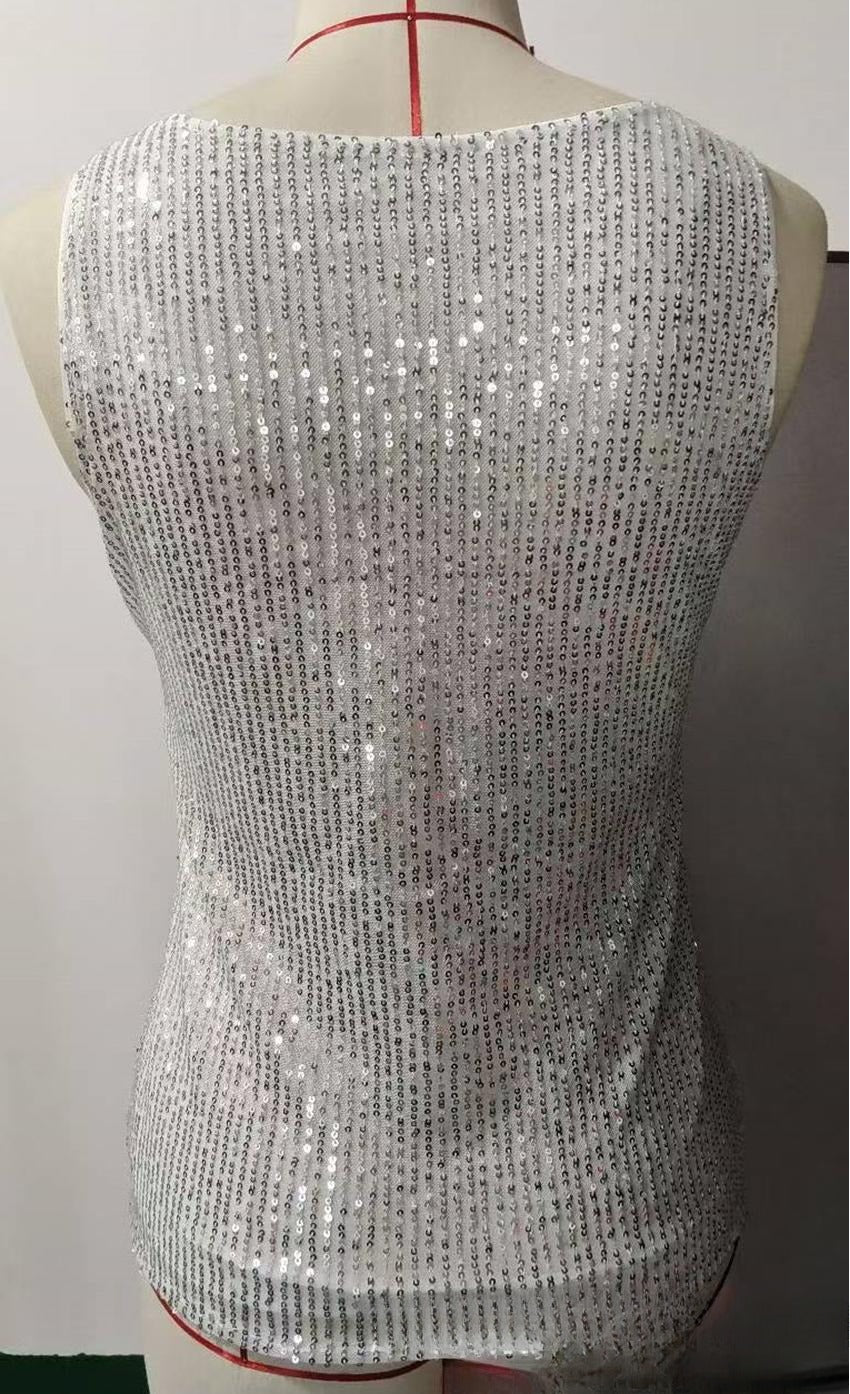 Sequin V Neck Sleeveless Party Top - Silvery - 2