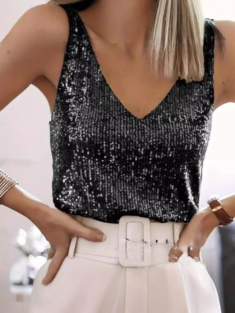 Sequin V Neck Sleeveless Party Top