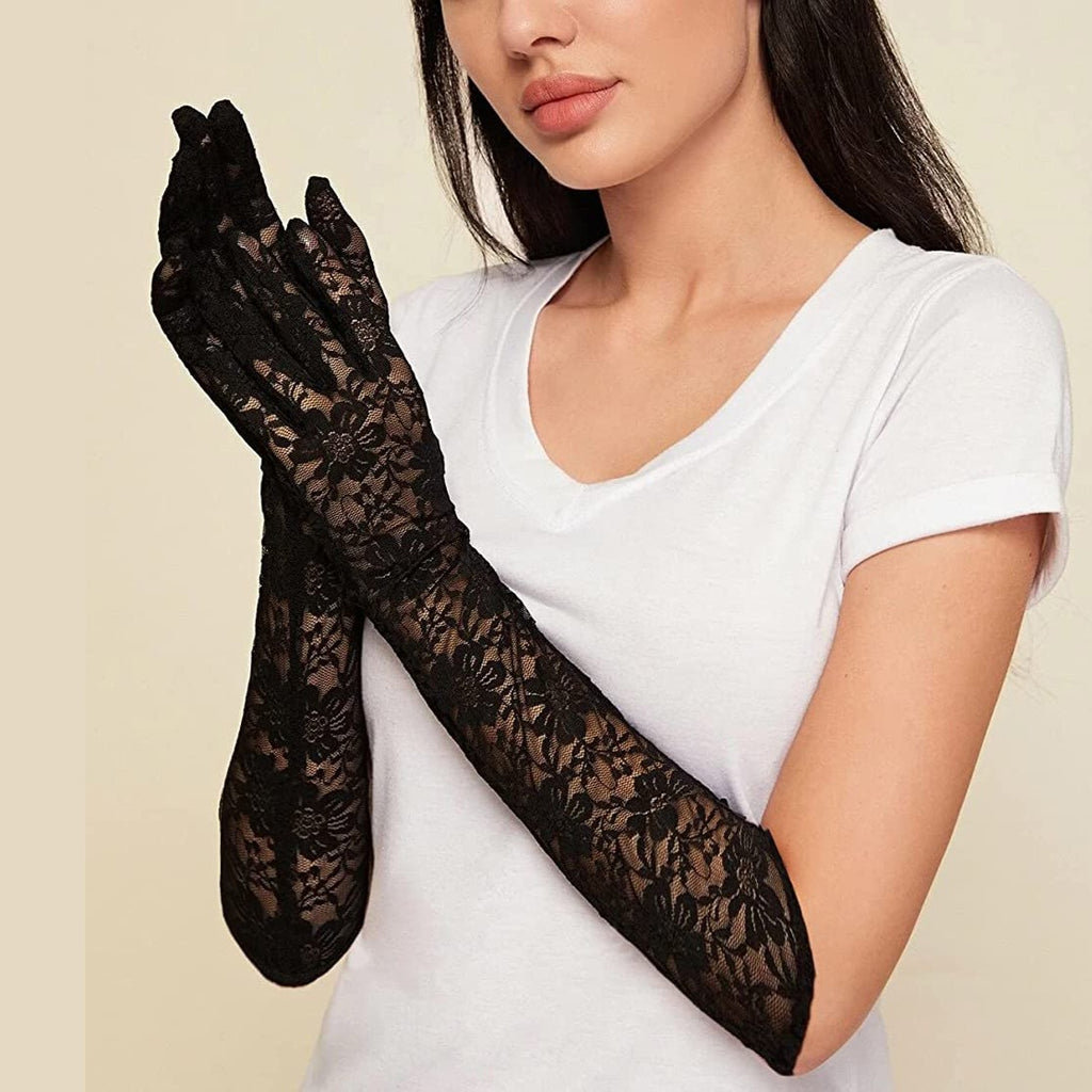 Floral Lace Long Evening Gloves - Black