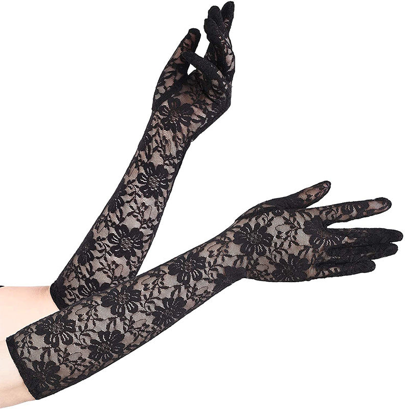 Floral Lace Long Evening Gloves - Black - 1