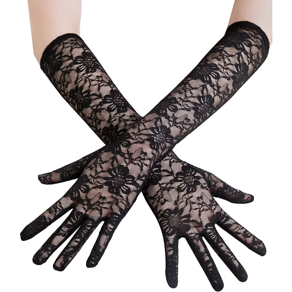 Floral Lace Long Evening Gloves - Black - 3