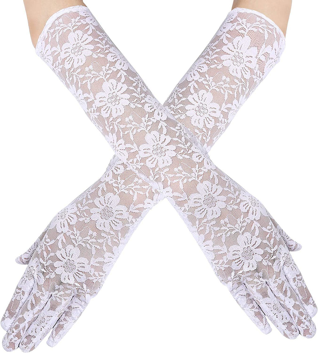 Floral Lace Long Evening Gloves - White