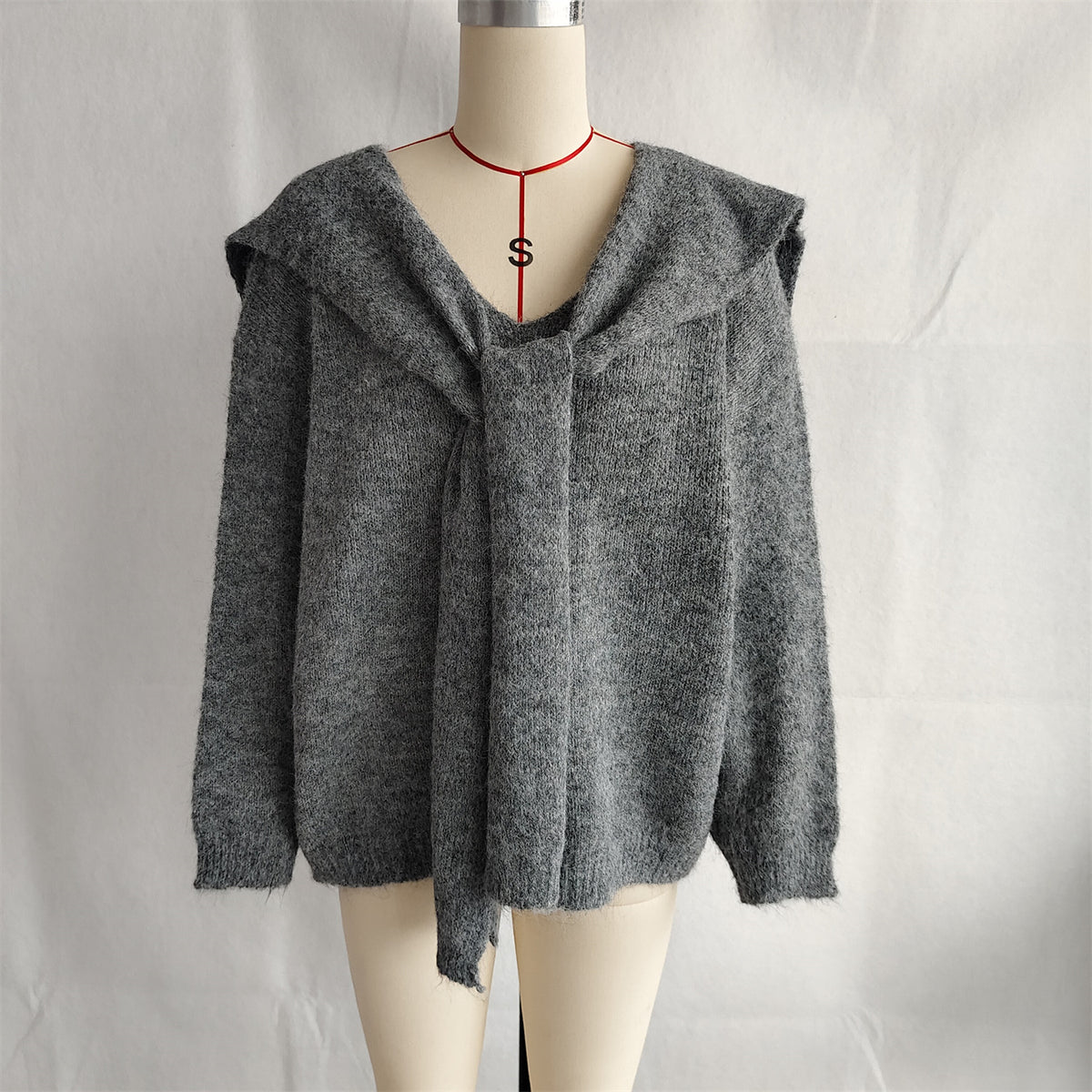 Shawl Collar Tie Front Knit Sweater - Grey