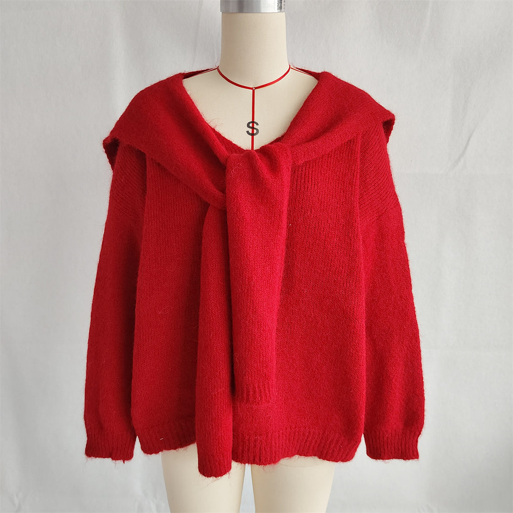 Shawl Collar Tie Front Knit Sweater - Red
