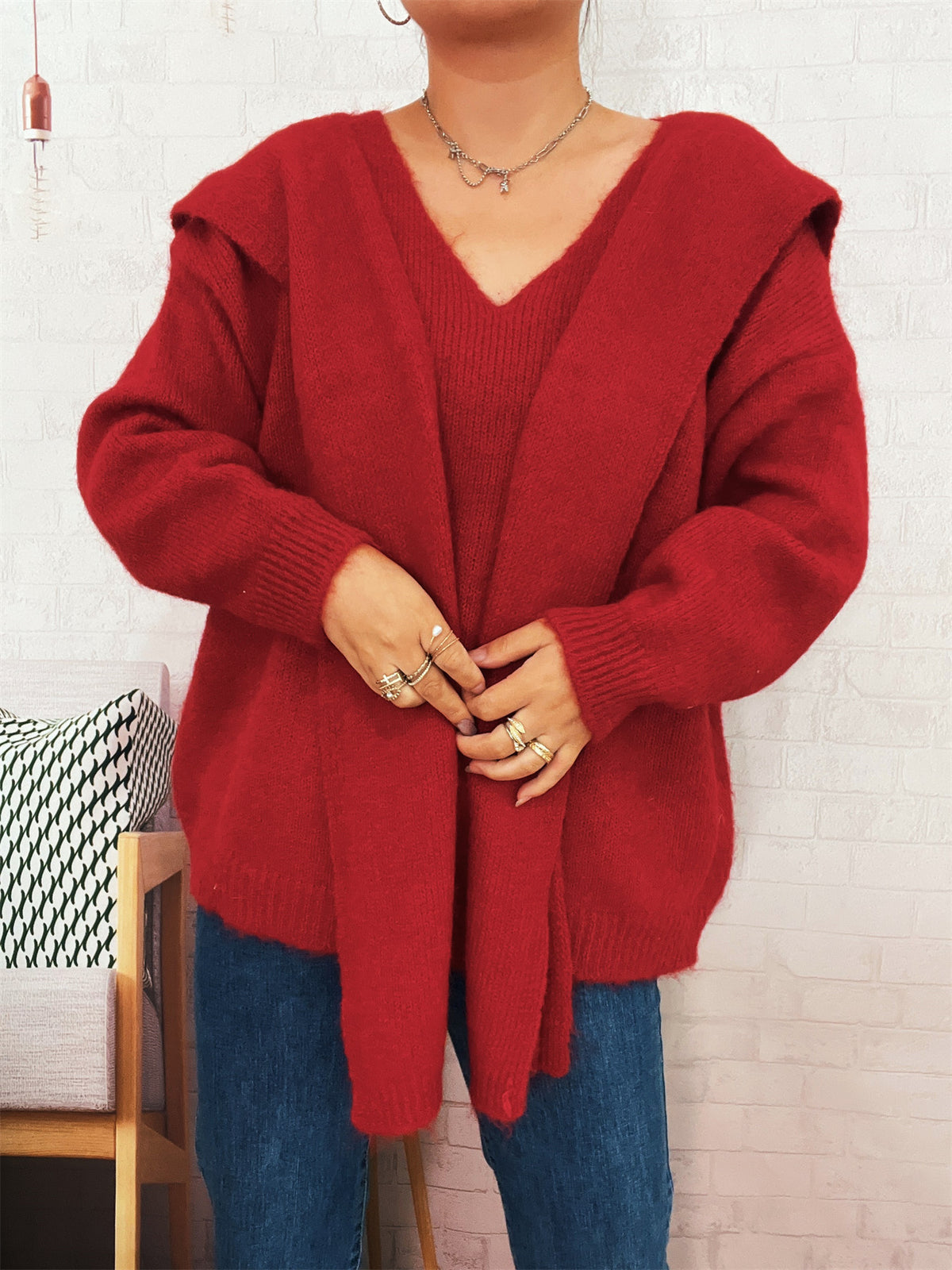 Shawl Collar Tie Front Knit Sweater - Red - 1