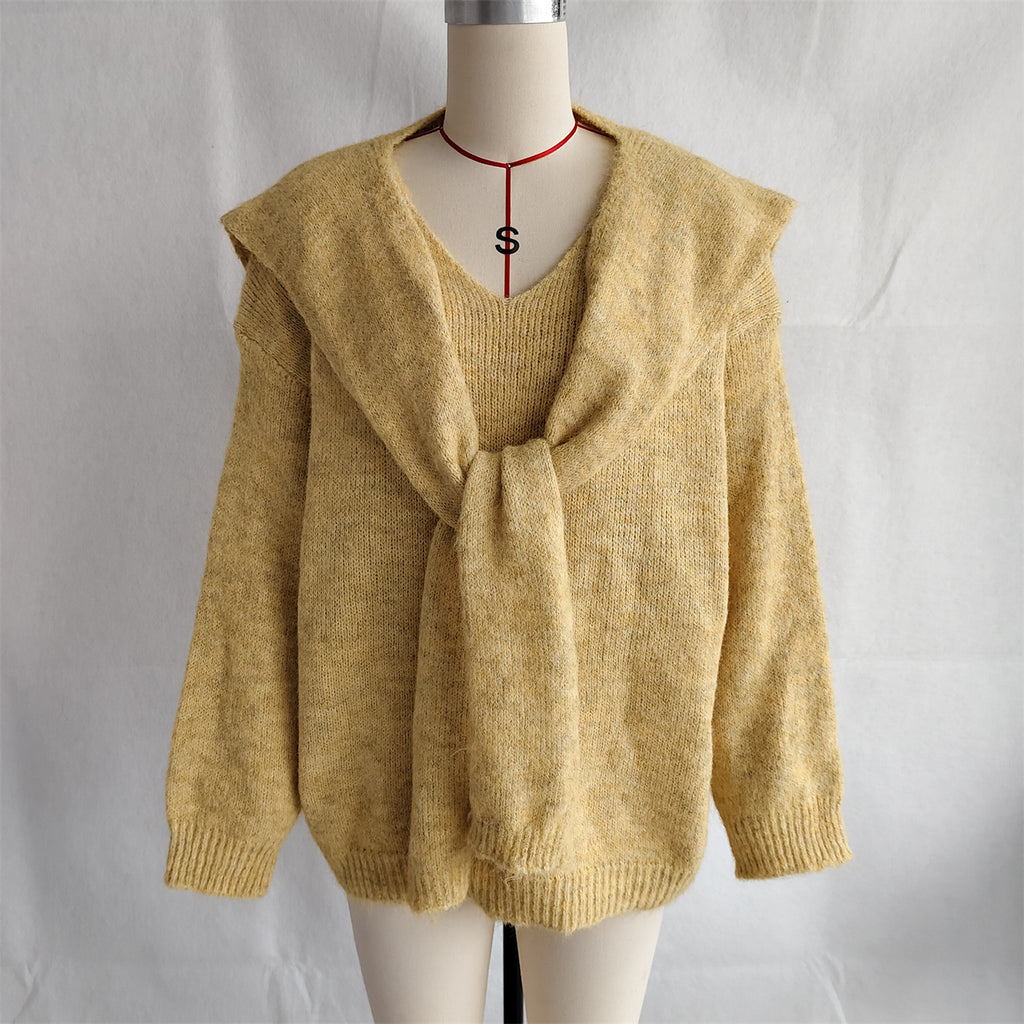 Shawl Collar Tie Front Knit Sweater - Yellow