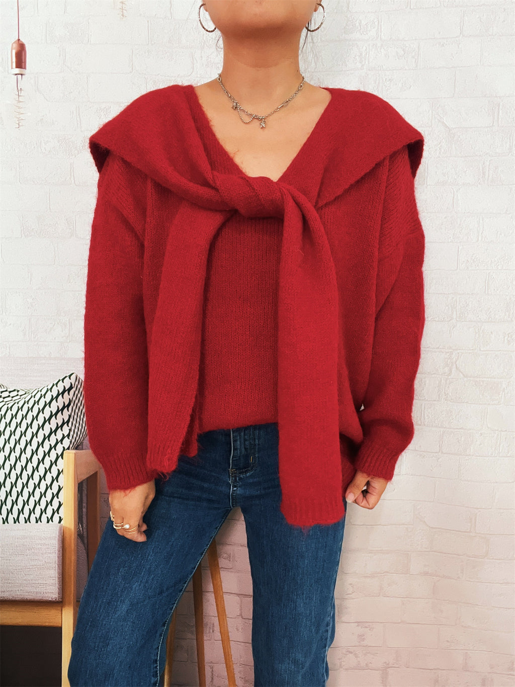 Shawl Collar Tie Front Knit Sweater