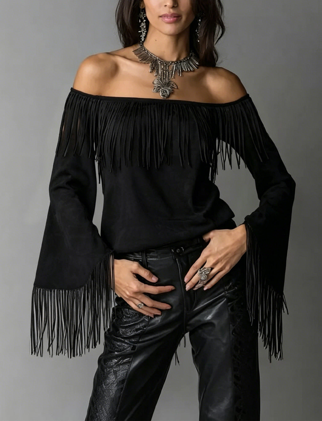 Western Fringe Off Shoulder Bell Sleeve Blouse - Black