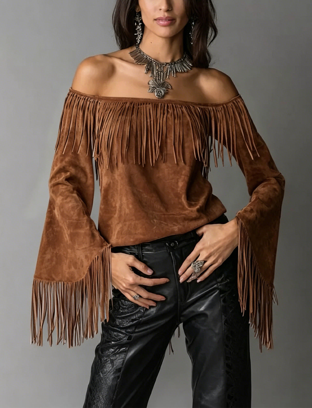 Western Fringe Off Shoulder Bell Sleeve Blouse - Brown
