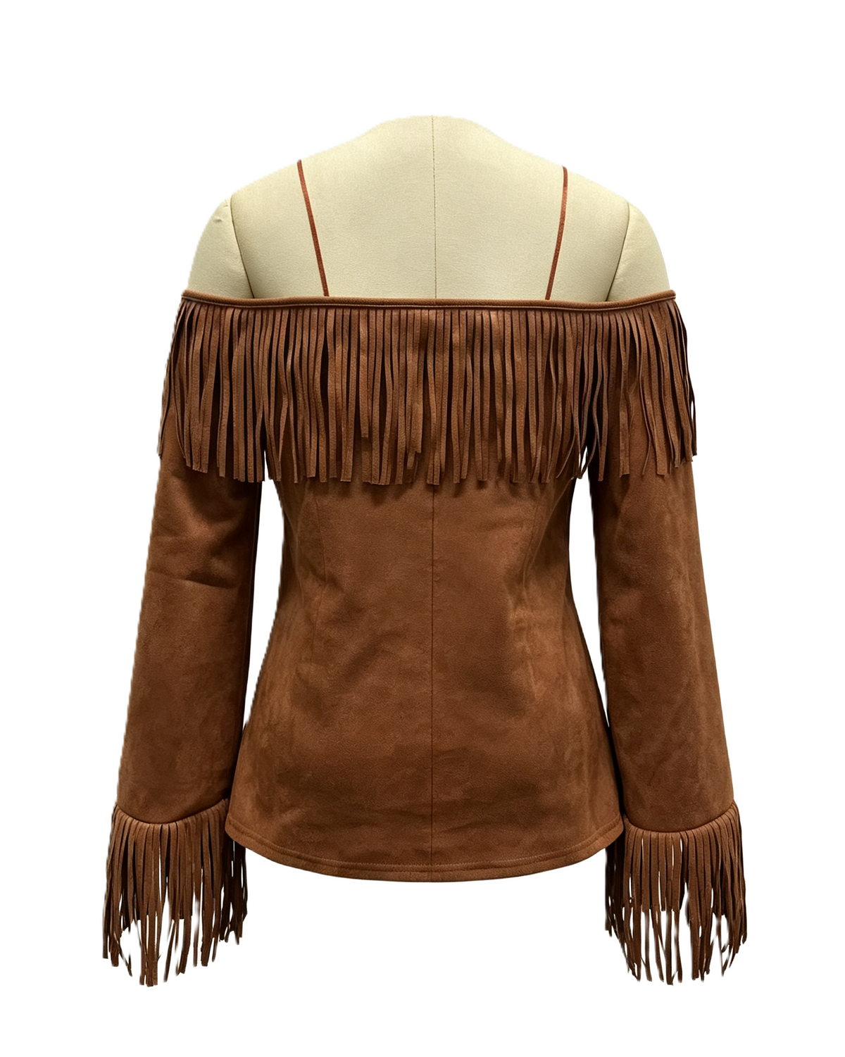 Western Fringe Off Shoulder Bell Sleeve Blouse - Brown - 1