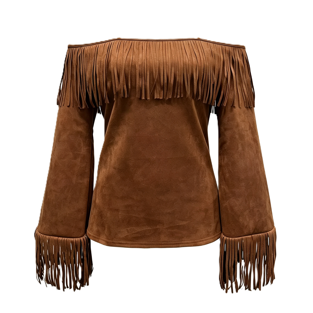 Western Fringe Off Shoulder Bell Sleeve Blouse - Brown - 2