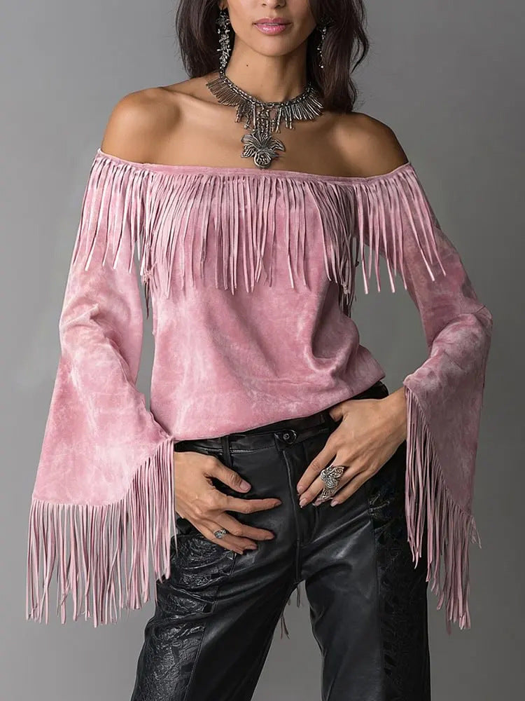 Western Fringe Off Shoulder Bell Sleeve Blouse - Pink