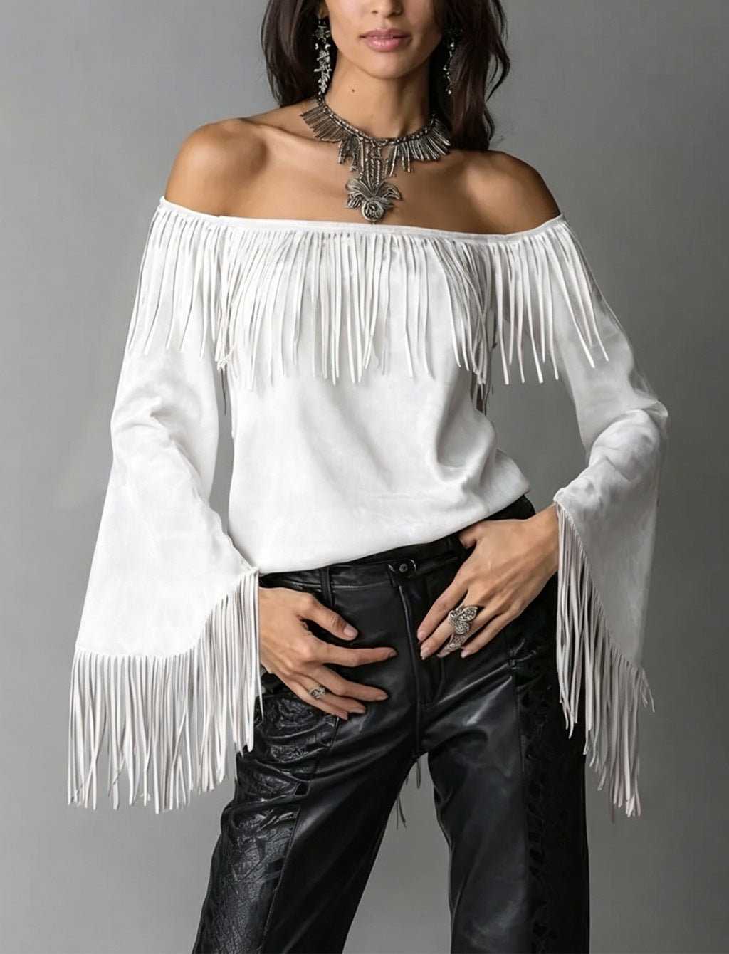 Western Fringe Off Shoulder Bell Sleeve Blouse - White