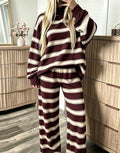 Striped Oversized Knit Top and Wide Leg Pant Set - Burgundy