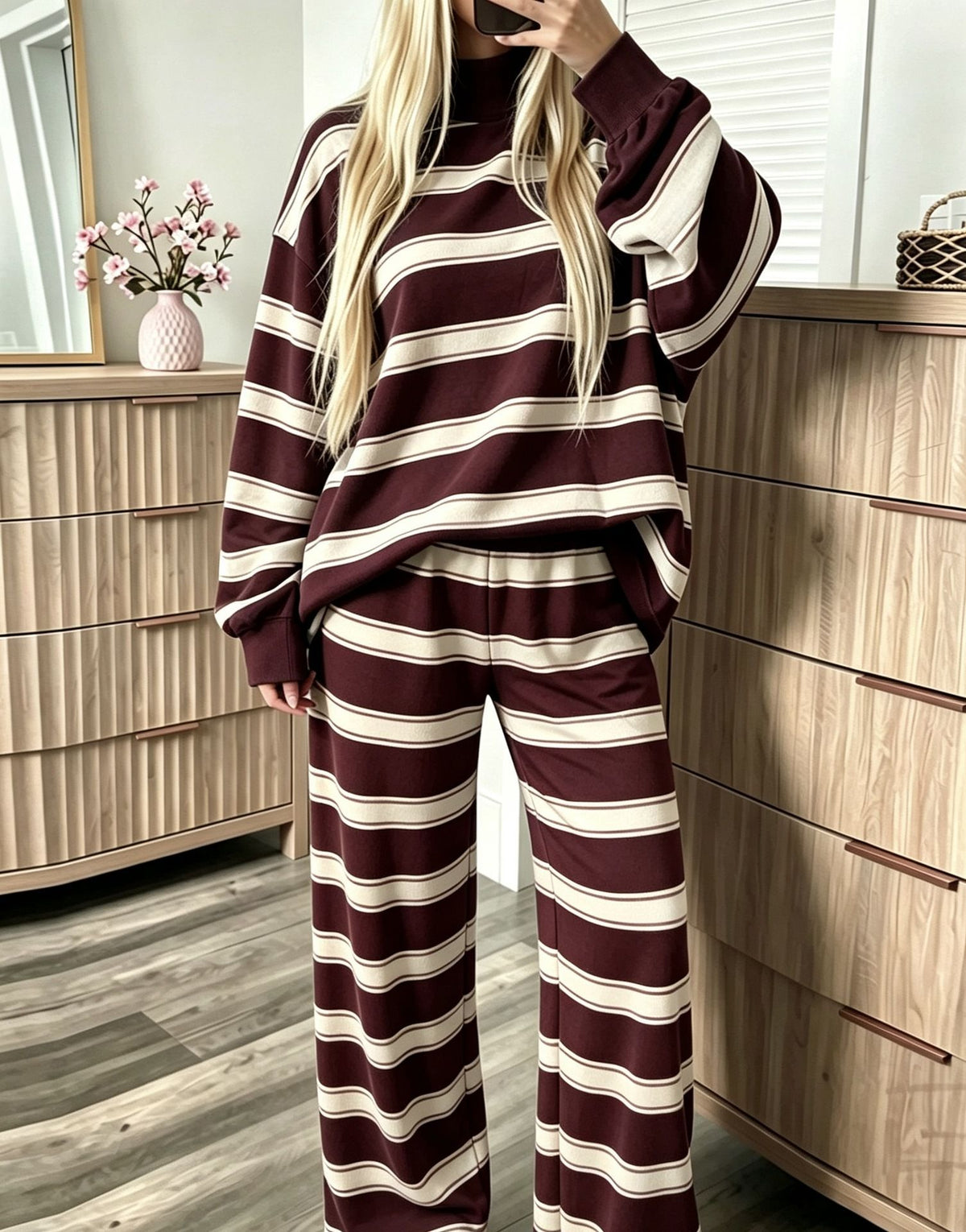 Striped Oversized Knit Top and Wide Leg Pant Set - Burgundy