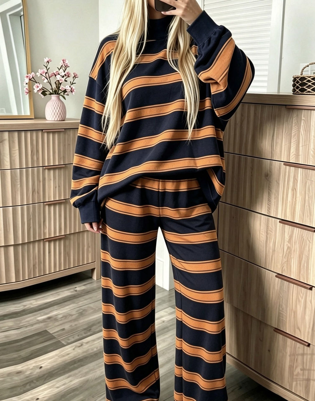 Striped Oversized Knit Top and Wide Leg Pant Set - Orange