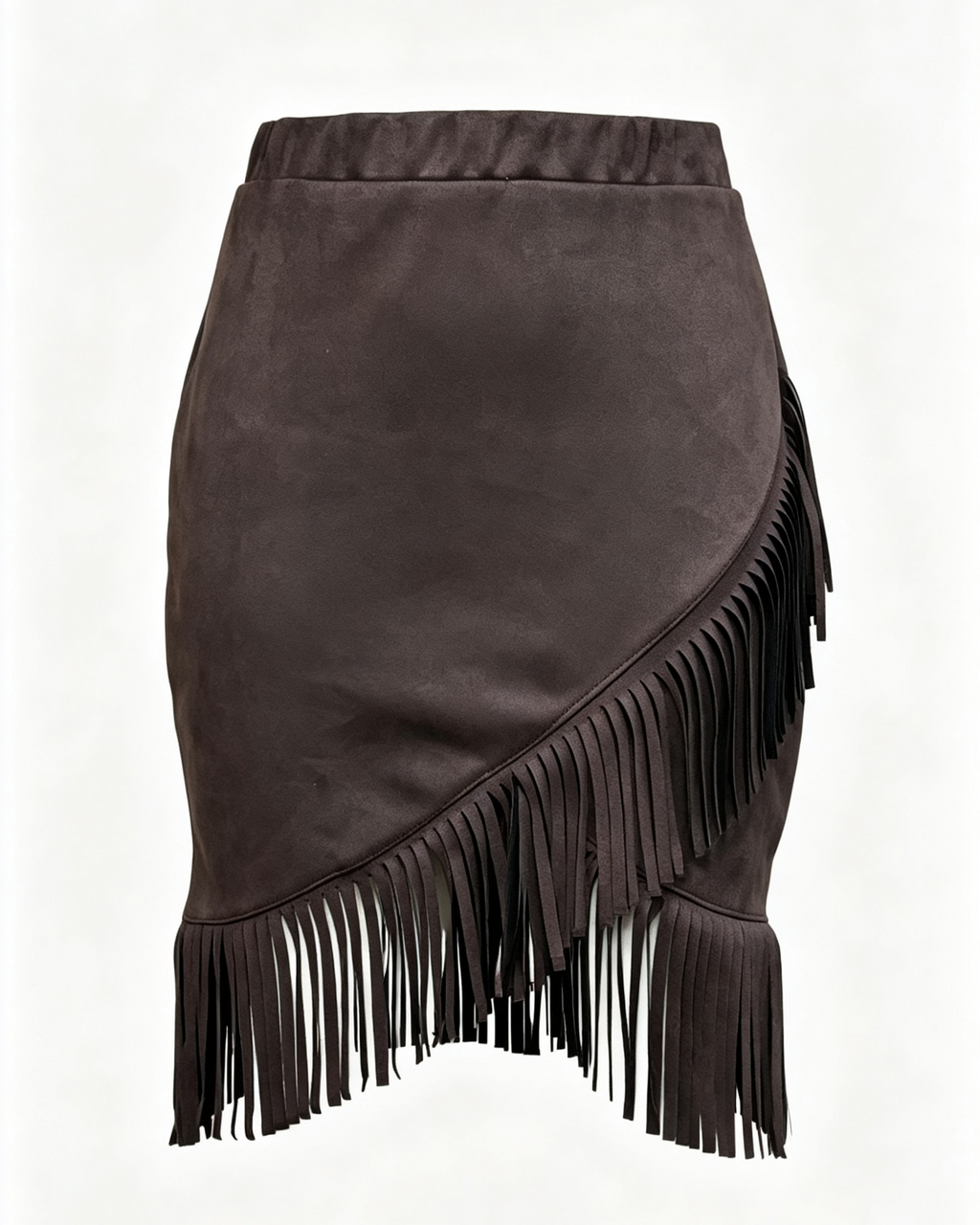 Fringed Faux Suede Asymmetric Midi Skirt - Brown