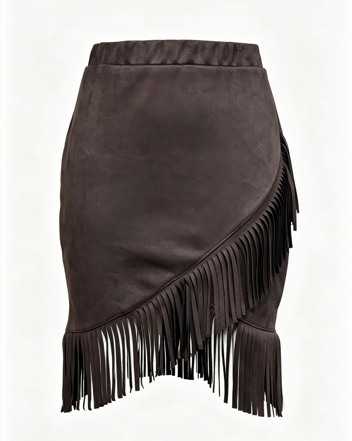 Fringed Faux Suede Asymmetric Midi Skirt - Brown