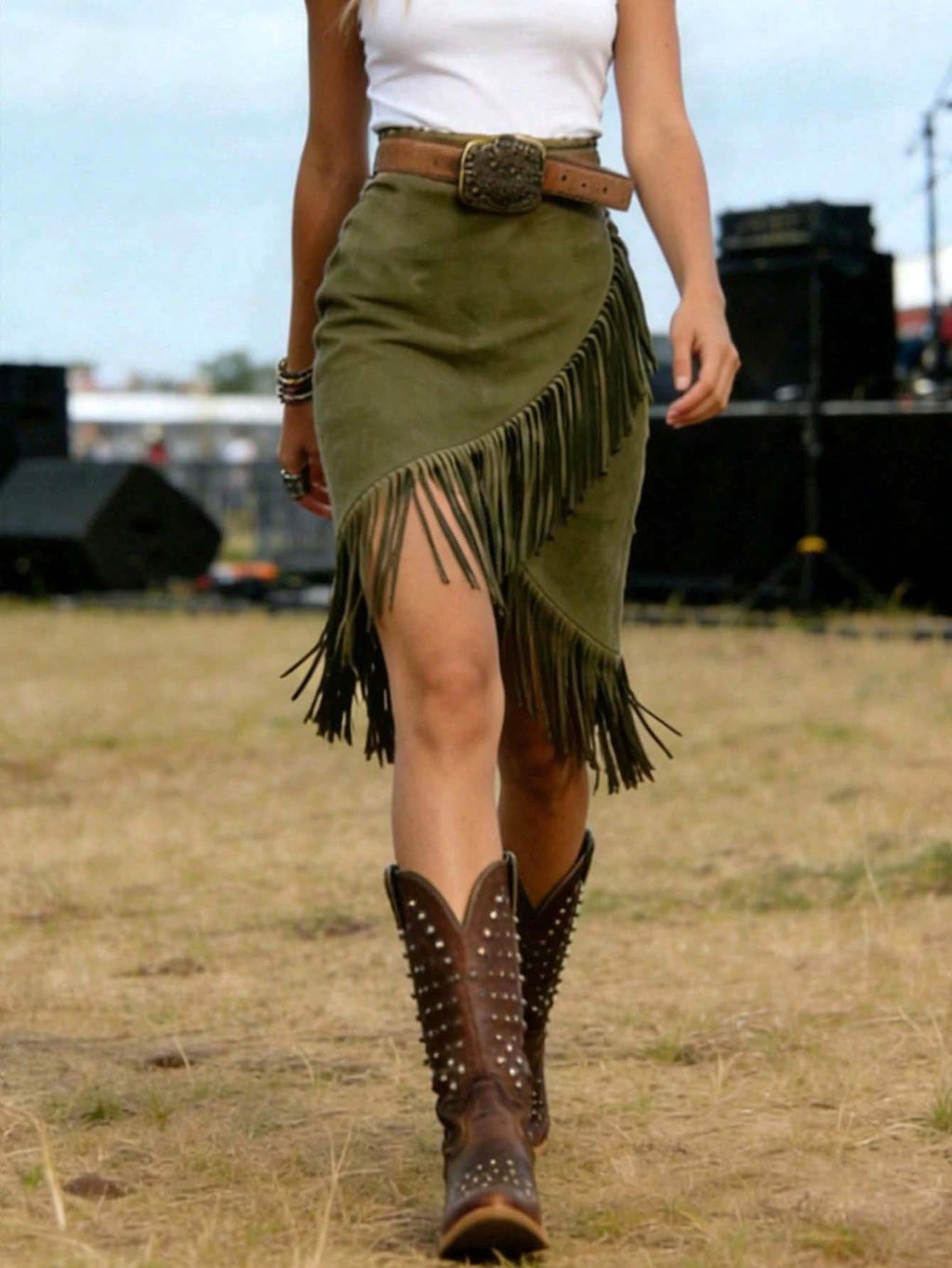 Fringed Faux Suede Asymmetric Midi Skirt - Olive