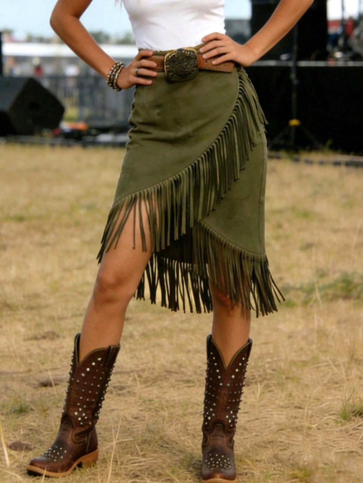 Fringed Faux Suede Asymmetric Midi Skirt - Olive - 1